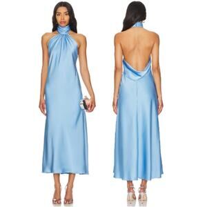NWT Katie May Marley Satin Sleeveless Halter A-Line Midi Dress French Blue Small